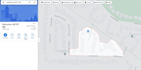 An Outline Of A 6-Digit Postal Code Area In Edmonton. This Outlines Approximately 16 Houses.