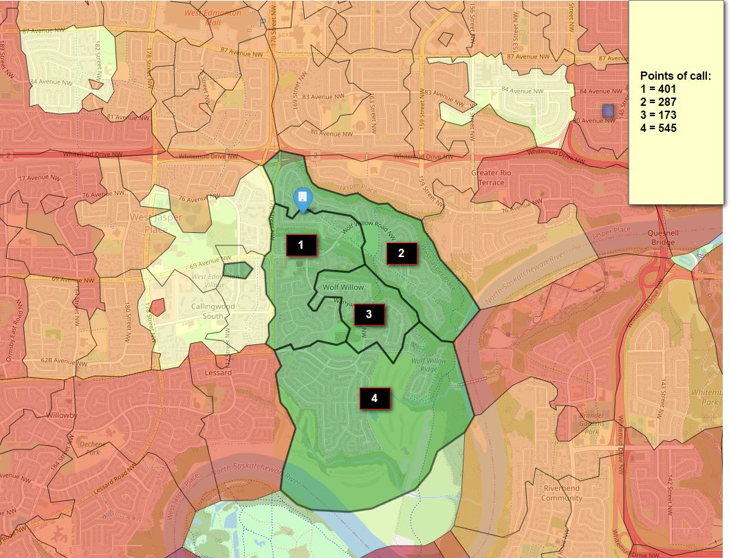 Map Showing Oultines Of &Quot;Neighbourhood Walks&Quot; From Canada Post. These 4 Walks Vary In Household Counts From 173 To 545.