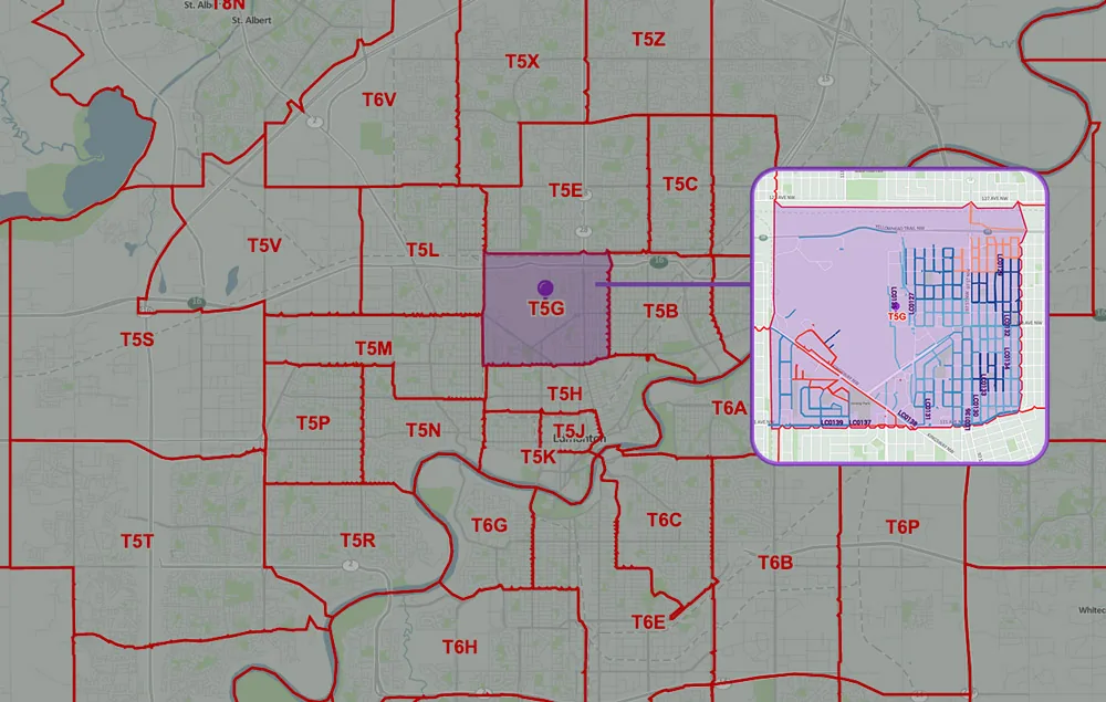 A Map Of Fsas In Edmonton, Alberta. An Fsa Is A 3-Digit Postal Code Area In Canada.