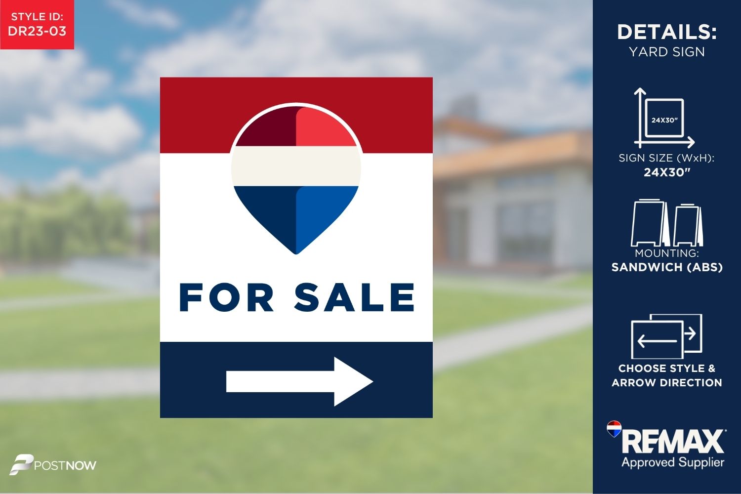 Remax 24X30 Inch Vertical Rwb Directional Real Estate Sign, For Sale, With Right Arrow.