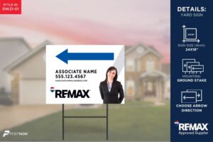 REMAX 2025 directional sign, 24x18 horizontal, white-slash design for real estate agents.
