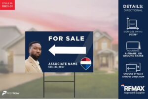 REMAX 2025 directional sign, 30x18 horizontal, blue-slash-design for real estate agents.