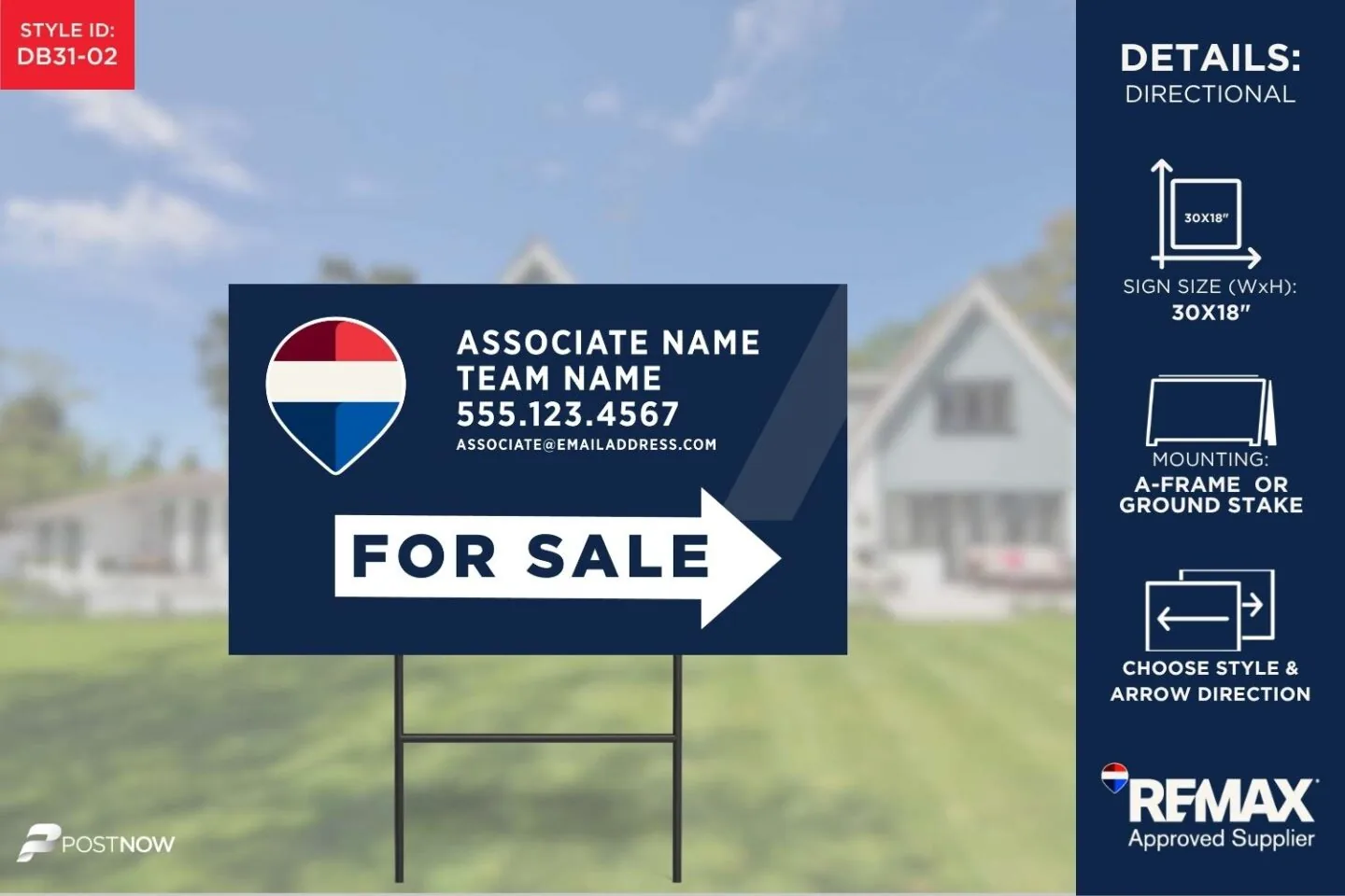 Remax 2025 30X18 Horizontal Directional Sign With Blue-Slash-Design For Real Estate Agents.