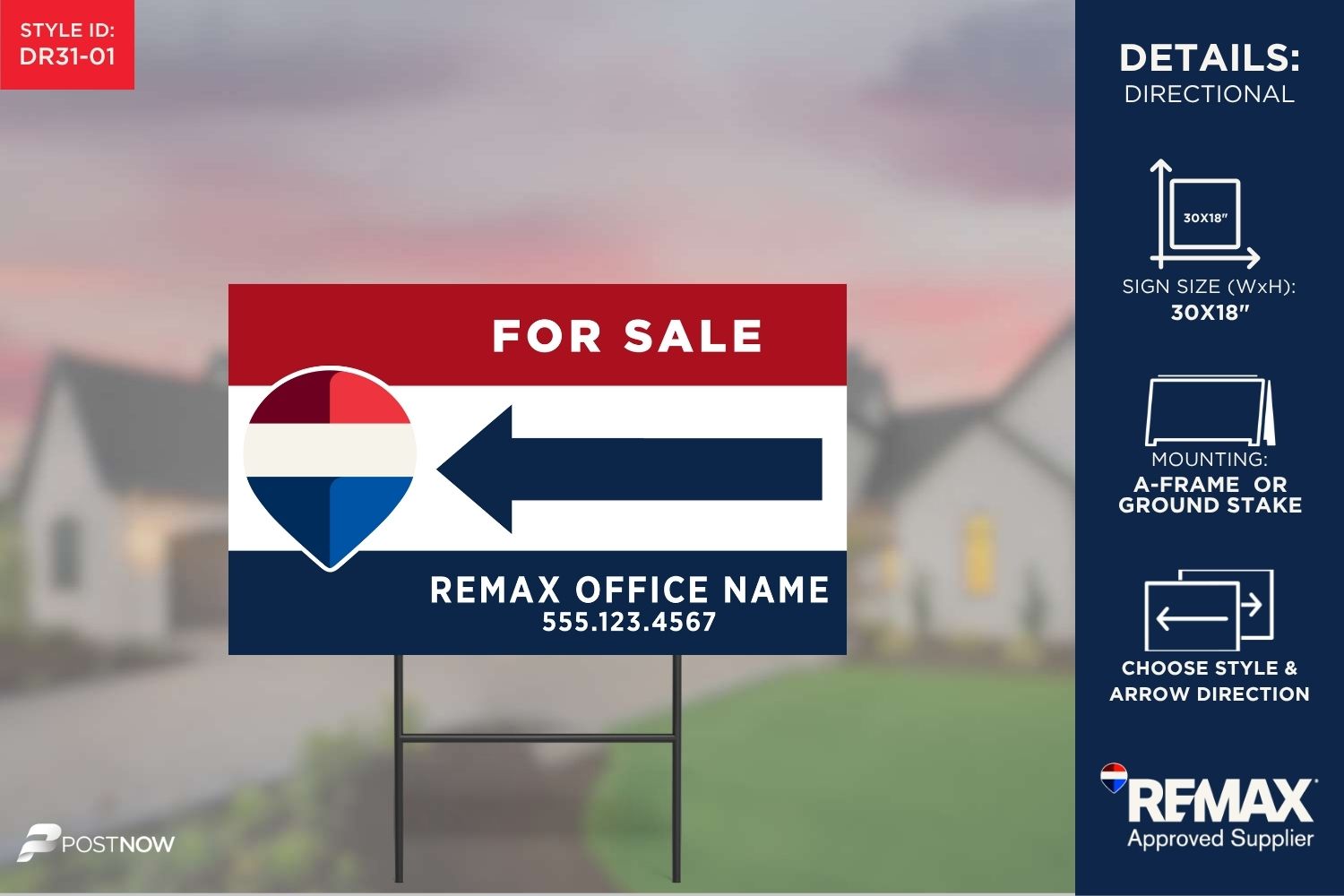 Remax 2025 Directional Sign, 30X18 Horizontal Rwb (Red, White, Blue) Design, For-Sale Directional Sign Pointing Left.