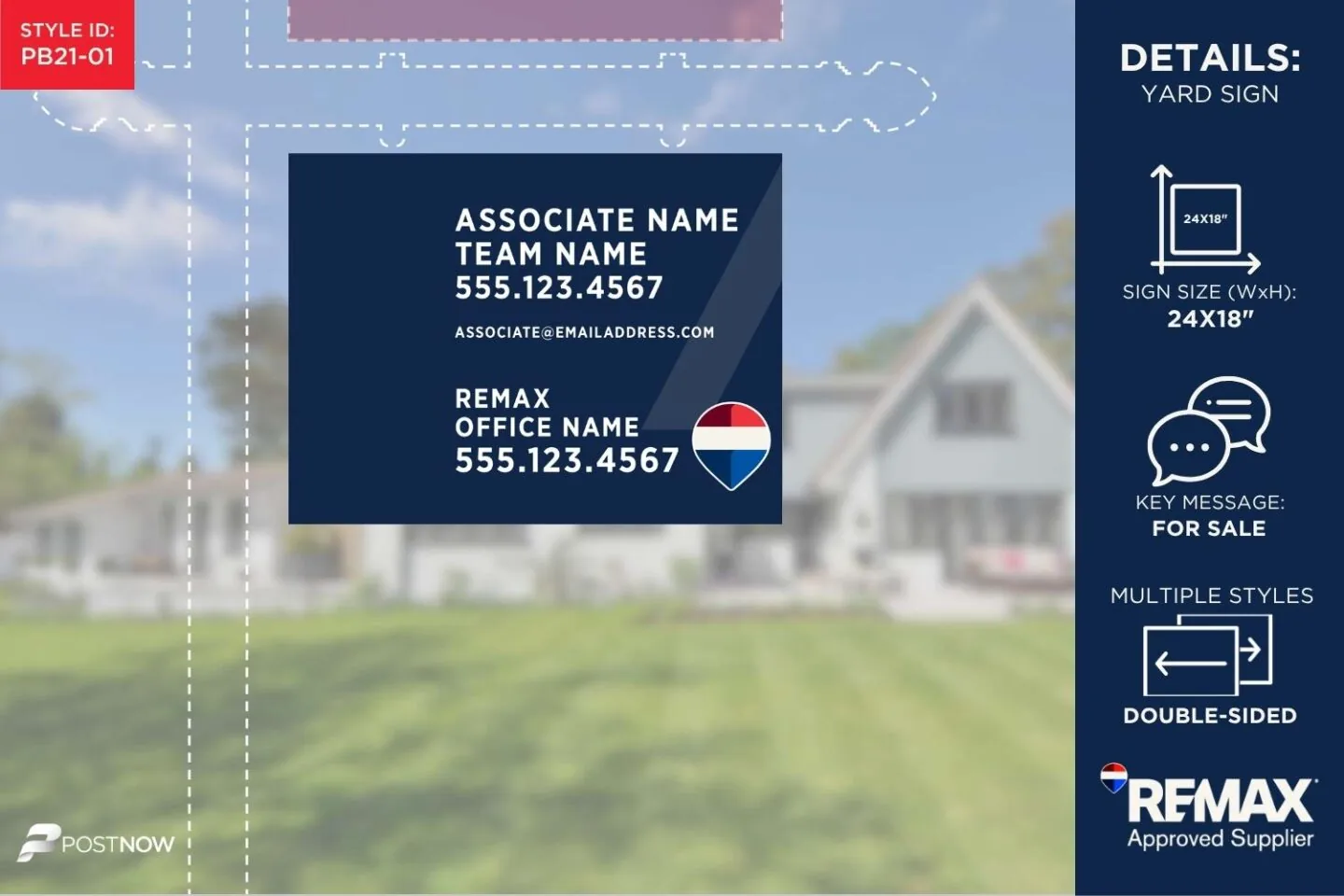Remax For Sale Yard Sign, 24X18, Horizontal Blue Slash Design.