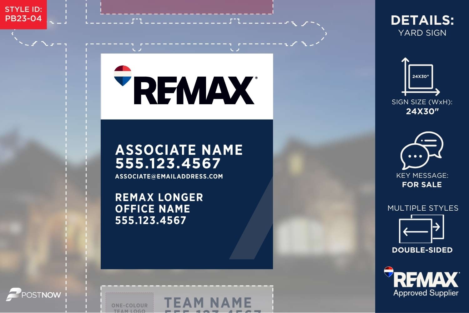 Remax 2025 For Sale Yard Sign, 24X30 Vertical With Agent Photo And Blue Slash Design.