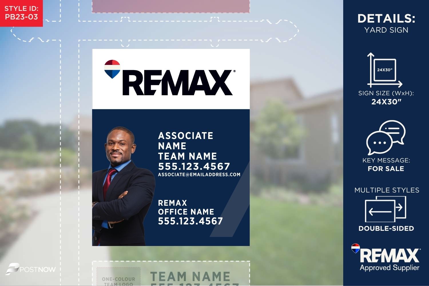 Remax For Sale Yard Sign, 24X30 Vertical With Agent Photo, Team Name, And Blue Slash Design.