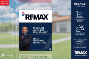 REMAX 2025 24x30 vertical For Sale yard sign with agent photo and blue slash design.
