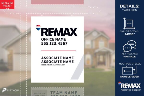 Remax For Sale Yard Sign, 24X30 Vertical, Associate Team Logo, White Slash Design, Red Line.