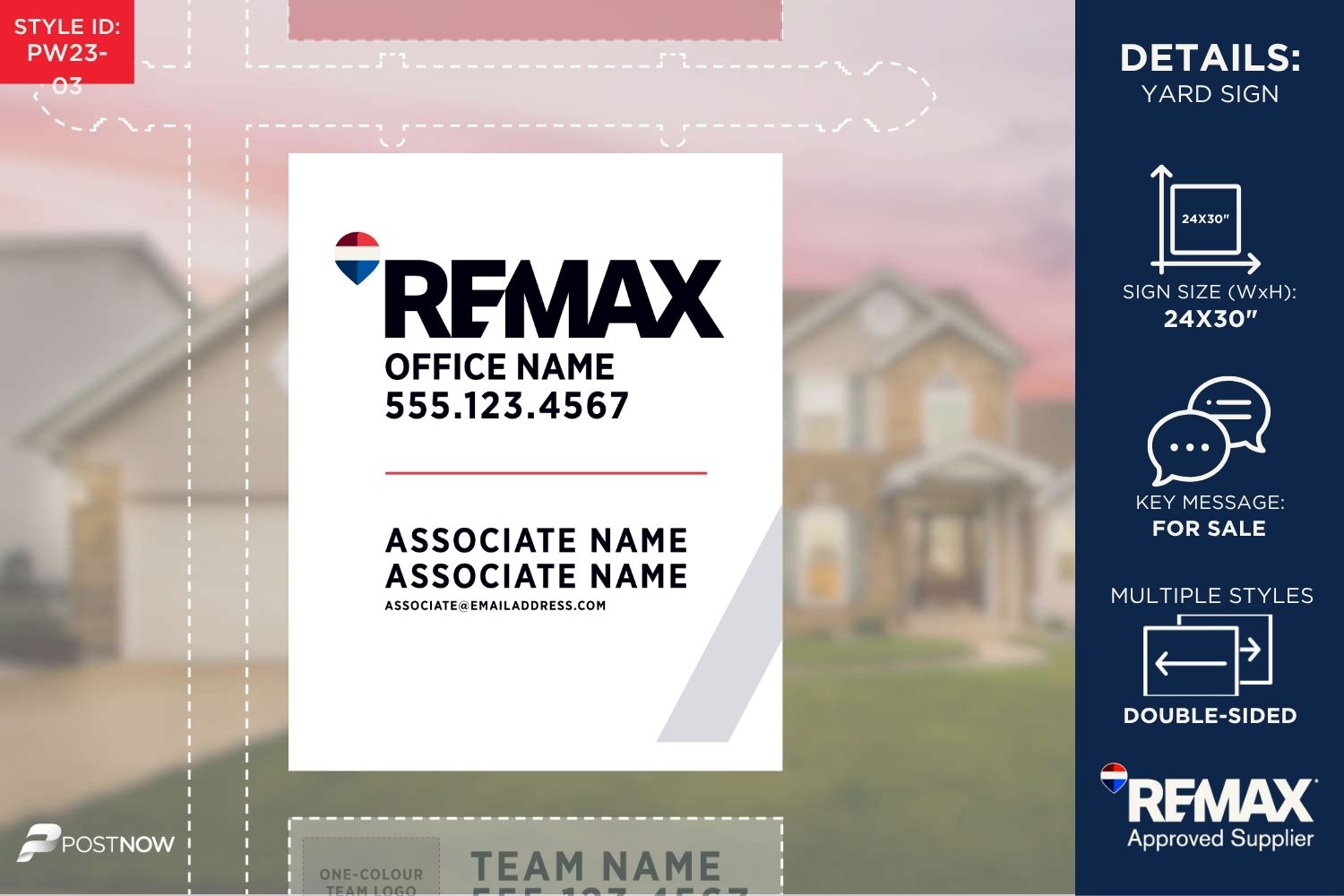 Remax For Sale Yard Sign, 24X30 Vertical, Associate Team Logo, White Slash Design, Red Line.