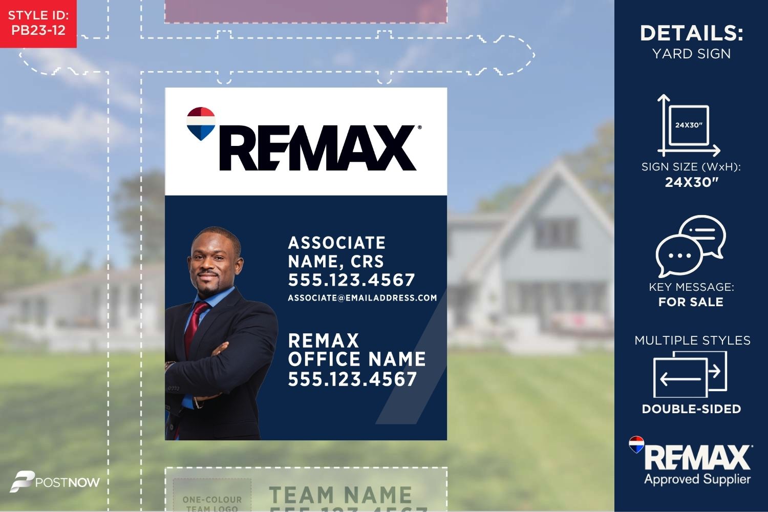 Remax For Sale Yard Sign, 24X30 Inch Vertical, Featuring Agent Photo, Blue Slash Design For Office Brokerage.