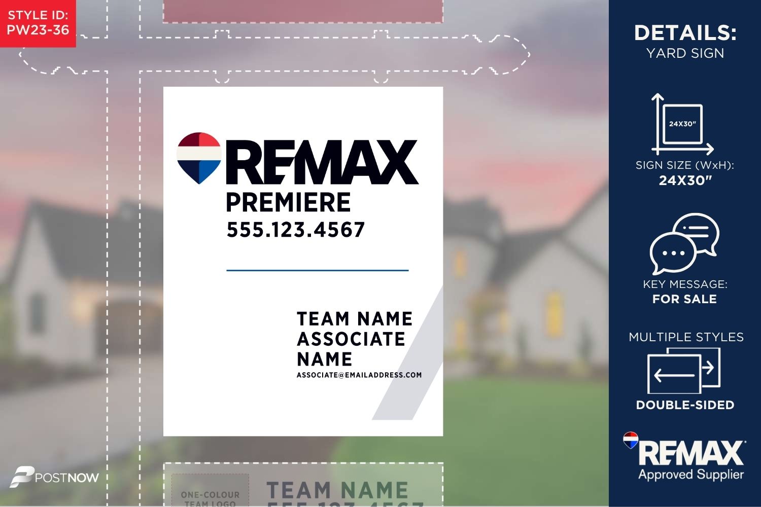 Remax For Sale Yard Sign, 24X30 Vertical, White Slash Design For Prominent Associate And Team Logo.