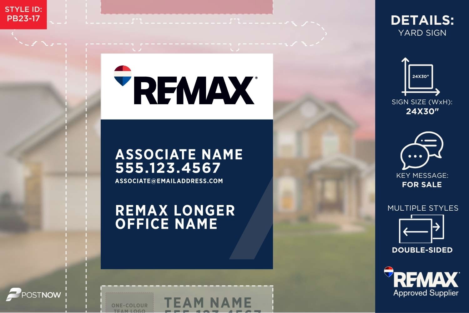 Remax 2025 For Sale 24X30 Vertical Yard Sign With Prominent Office, No Office Phone, And Blue Slash Design.