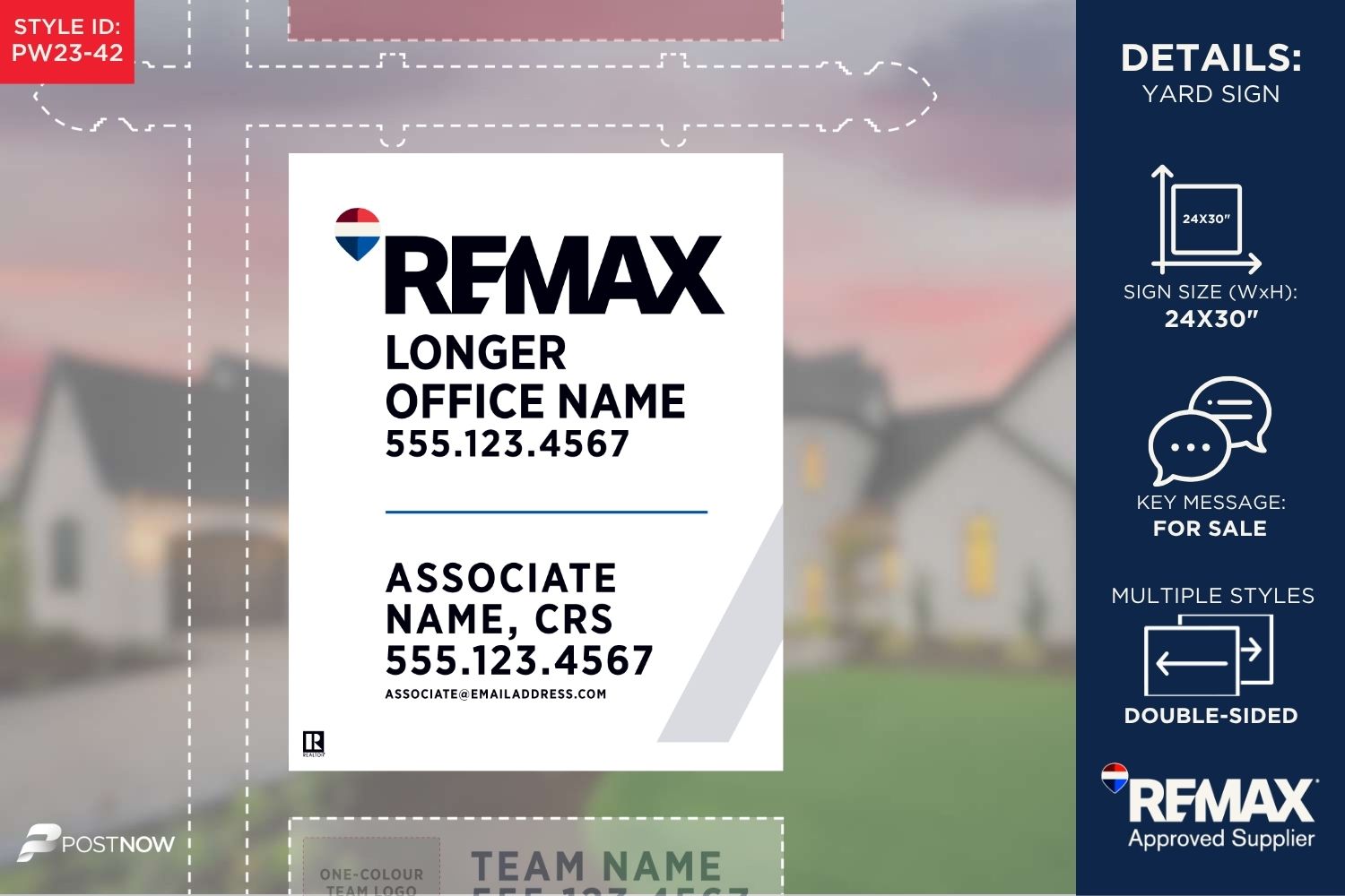 Remax 2025 For Sale Yard Sign, 24X30 Vertical, With Prominent Primary Office Design And White Slash.