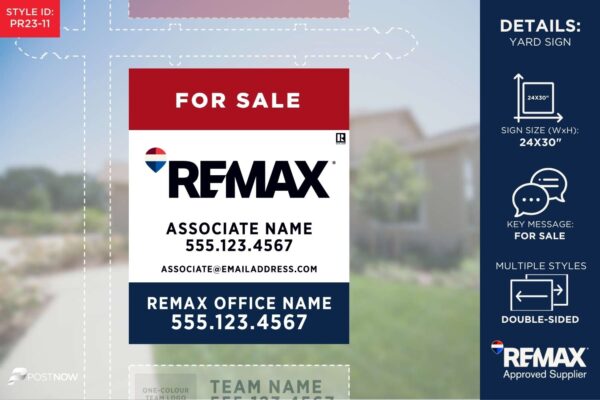 Remax 2025 For Sale Yard Sign, 24X30 Inch Vertical, Rwb Prominent Design, Office Brokerage Style.