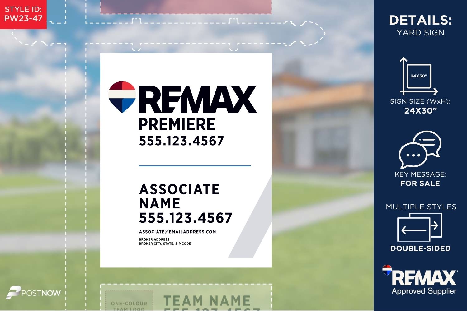 Remax 2025 For Sale Yard Sign, 24X30 Vertical, Office Prominent Address, White Slash Design.