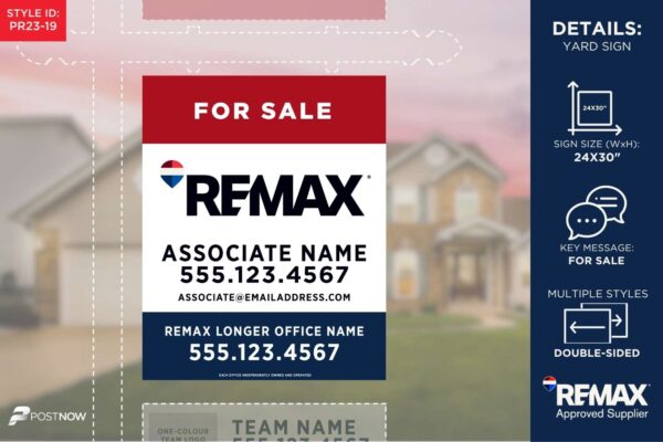 Remax 2025 For Sale Yard Sign, 24X30 Inch, Vertical Rwb Longer Office Name Design.