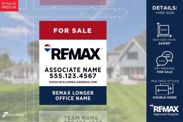 Remax 2025 For Sale Yard Sign, 24X30 Inch, Vertical, Rwb Design, No Office Phone.