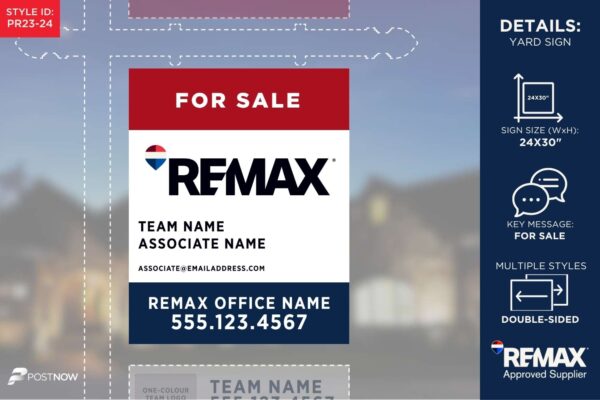Remax For Sale Yard Sign, 24X30 Inch, Vertical Rwb Design With Standard Team Logo.