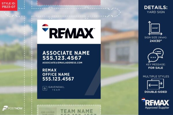 Remax 2025 For Sale Yard Sign, 24X30 Vertical, Team Logo Blue Slash Design.