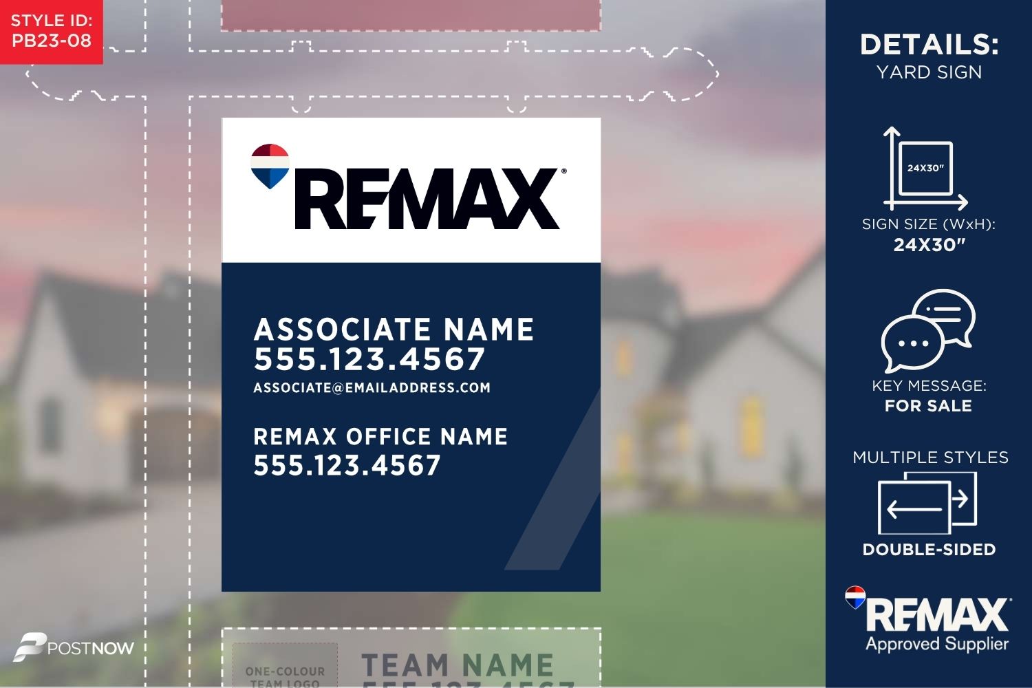 Remax 2025 For Sale Yard Sign, 24X30 Vertical With Team Logo, Qr Code, And Blue Slash Design.