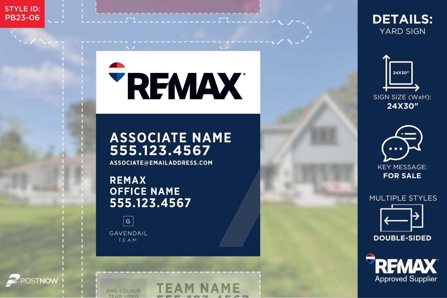 Remax For Sale Yard Sign, 24X30 Inch, Vertical, Team Logo, Square Blue Slash Design.