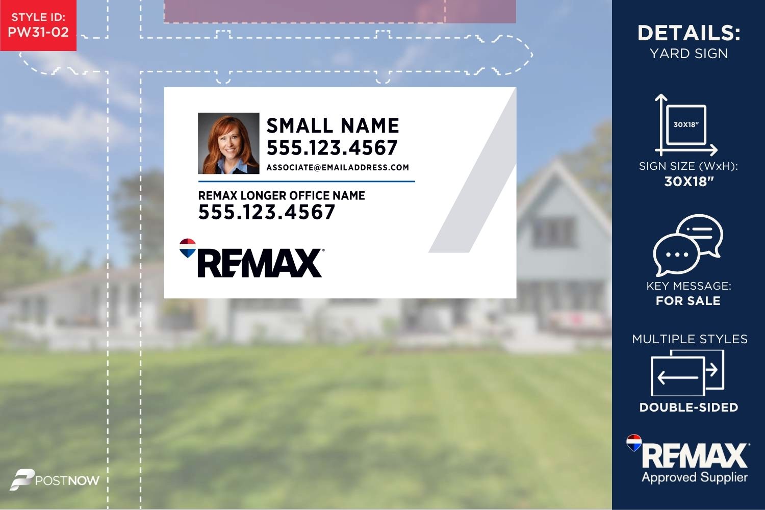 Remax For Sale Yard Sign, 30X18 Horizontal, With Agent Photo And White Slash Design, For Real Estate Brokerage.