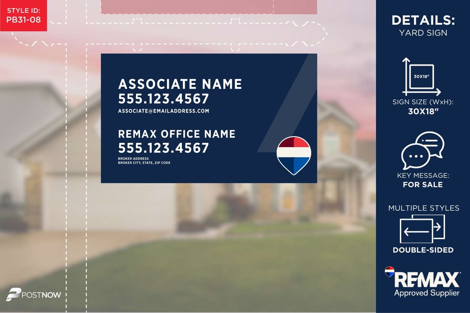 Remax 2025 For Sale Yard Sign - 30X18 Horizontal, Blue Slash Design For Real Estate Agents With Associate Name And Address.