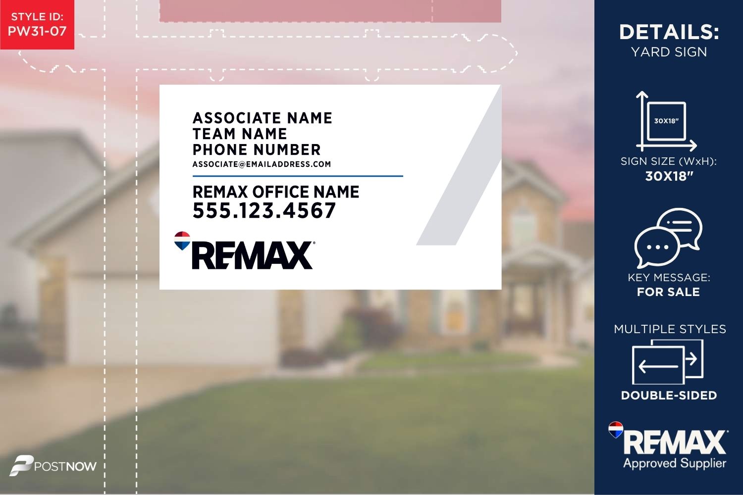 Remax For Sale Yard Sign, 30X18 Horizontal, White Slash Design For Associate Team With 4 Lines For Names.