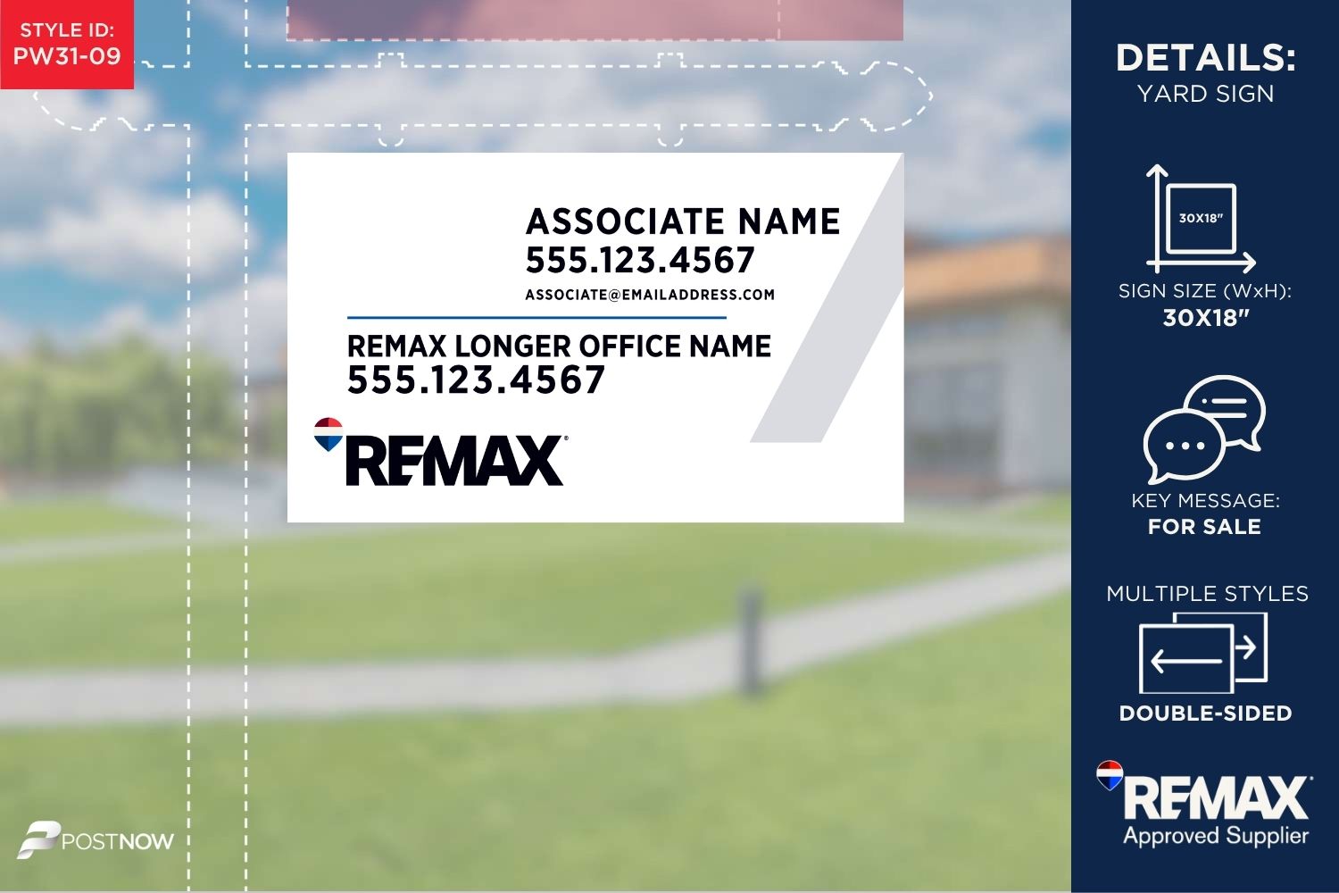 Remax 2025 For Sale Yard Sign, 30X18 Horizontal, White Slash Design, With Associate Team Photo.