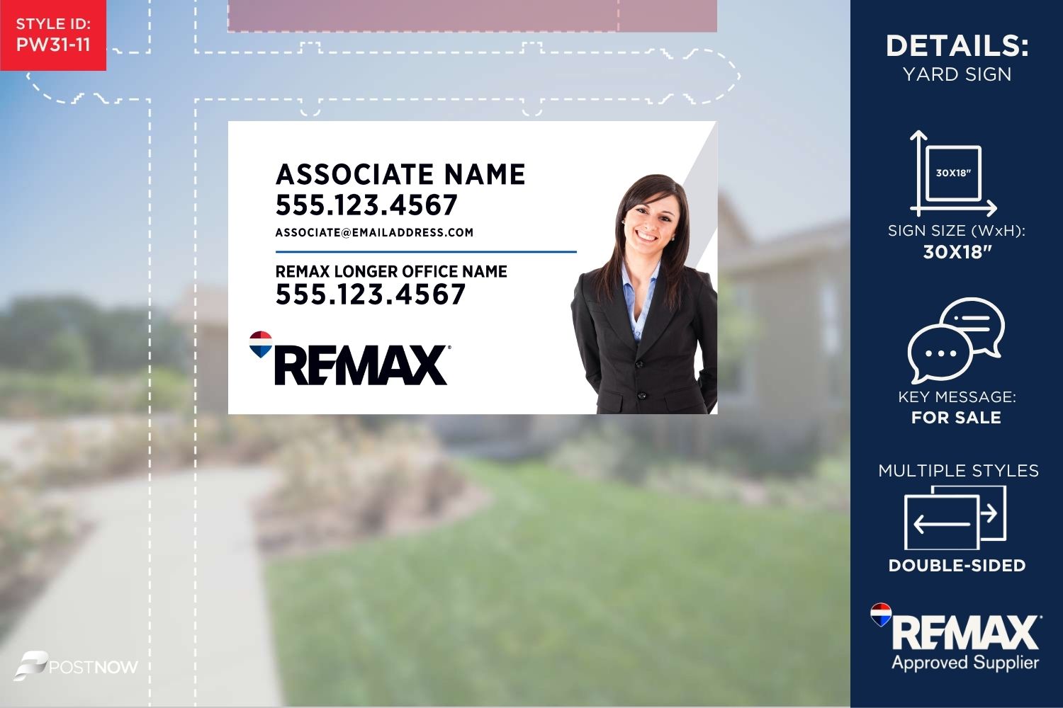 Remax For Sale Yard Sign, 30X18, Horizontal With Clipped Agent Photo And Longer Office Name.