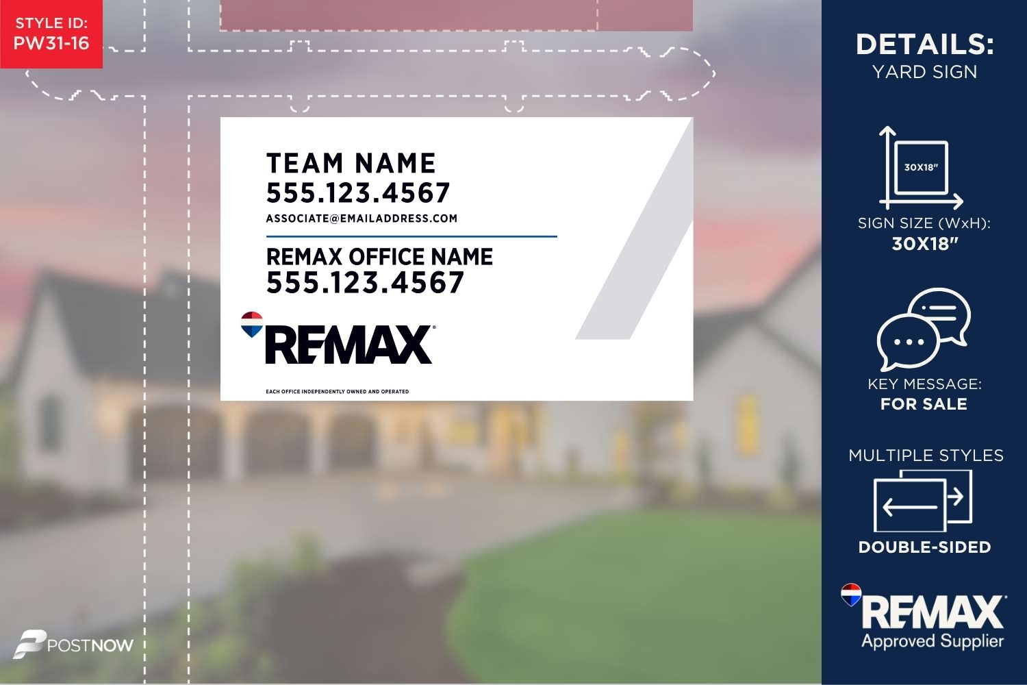 Remax For Sale Yard Sign, 30X18 Horizontal, White Slash Design For Teamname.