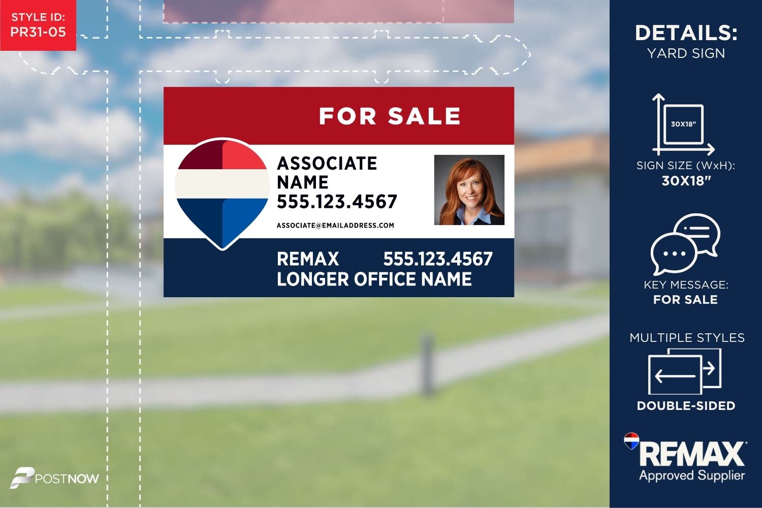 Remax 2025 For Sale Yard Sign, 30X18 Horizontal, Rwb Design, With Agent Photo And Prominent Office Name.