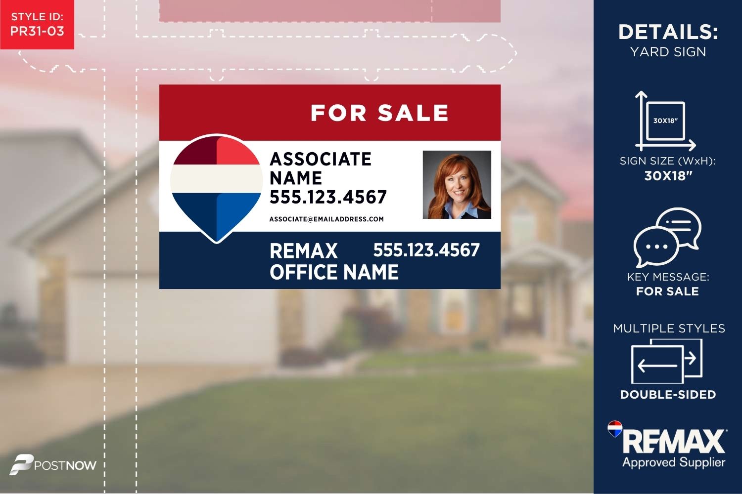 Remax 2025 30X18 Horizontal Office Prominent Rwb Agent Photo 3-Line For Sale Yard Sign.