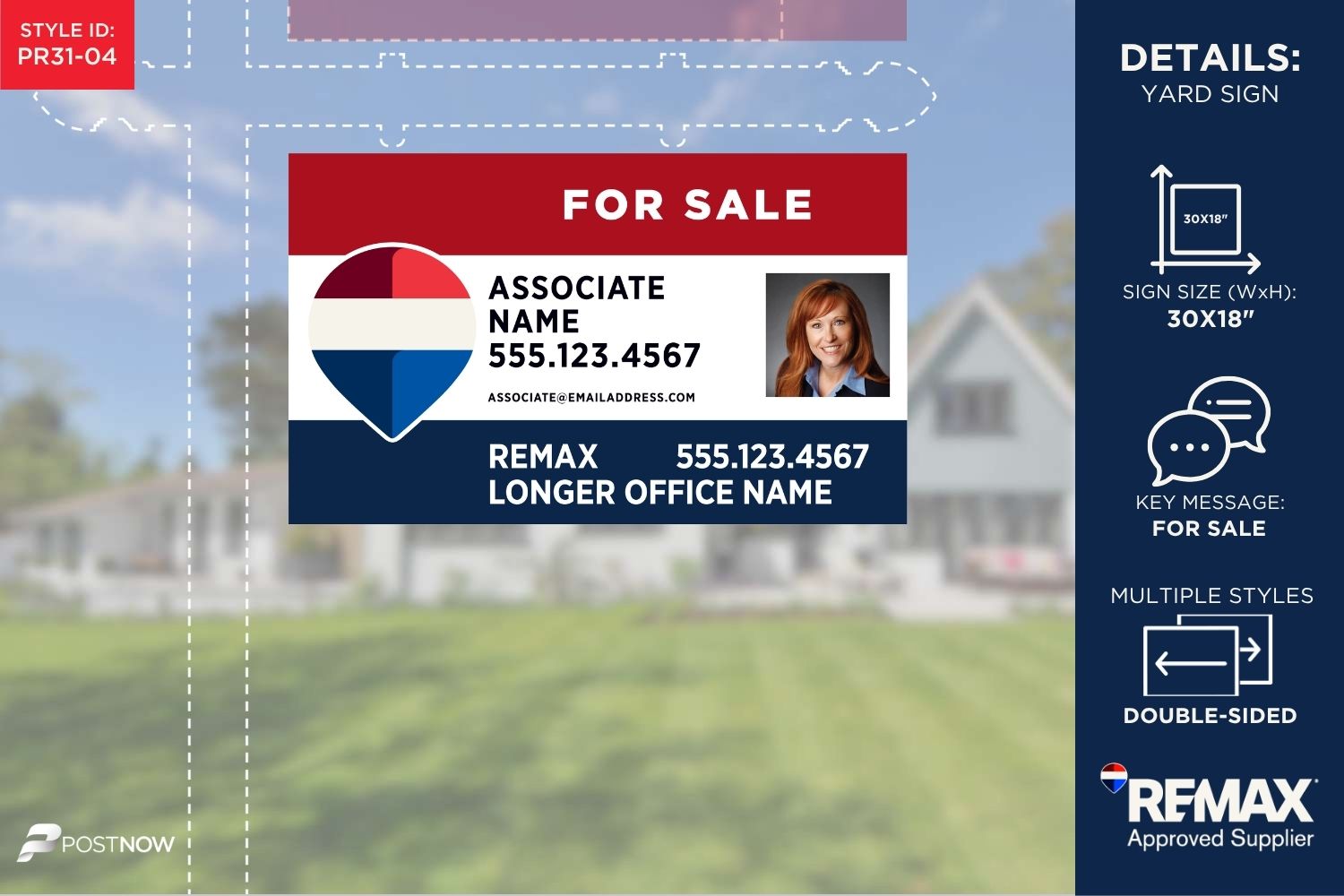 Remax For Sale Yard Sign, 30X18, Horizontal, Rwb, Agent Photo, Office Prominent