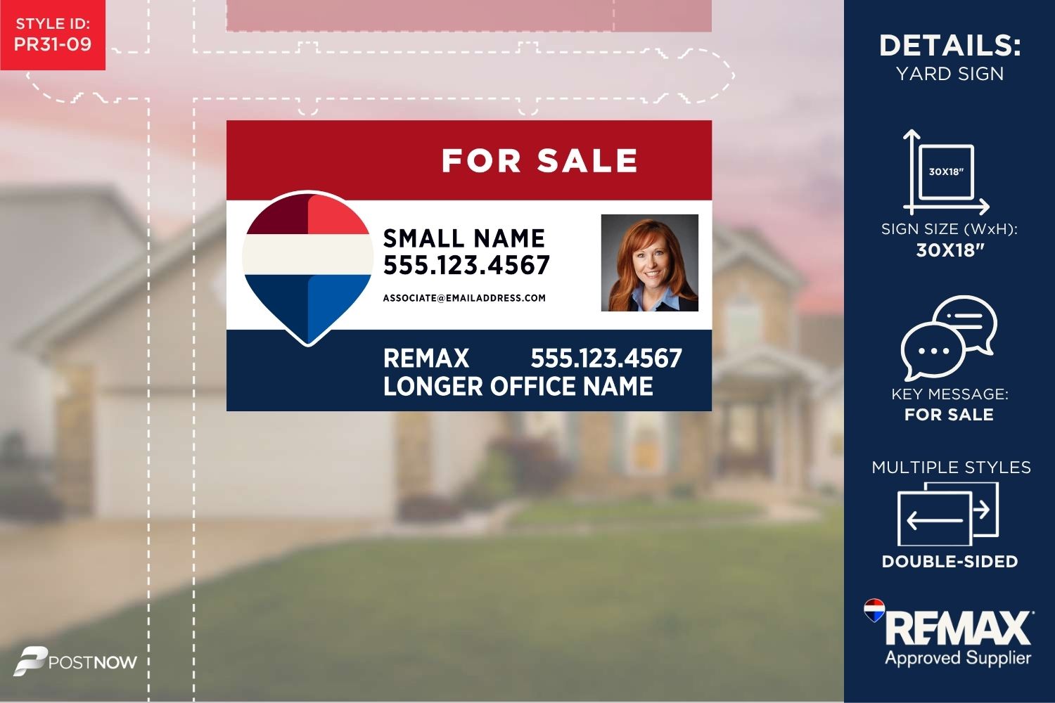 Remax 2025 For Sale Yard Sign, 30X18 Horizontal, Rwb Design With Prominent Office And Agent Photo.
