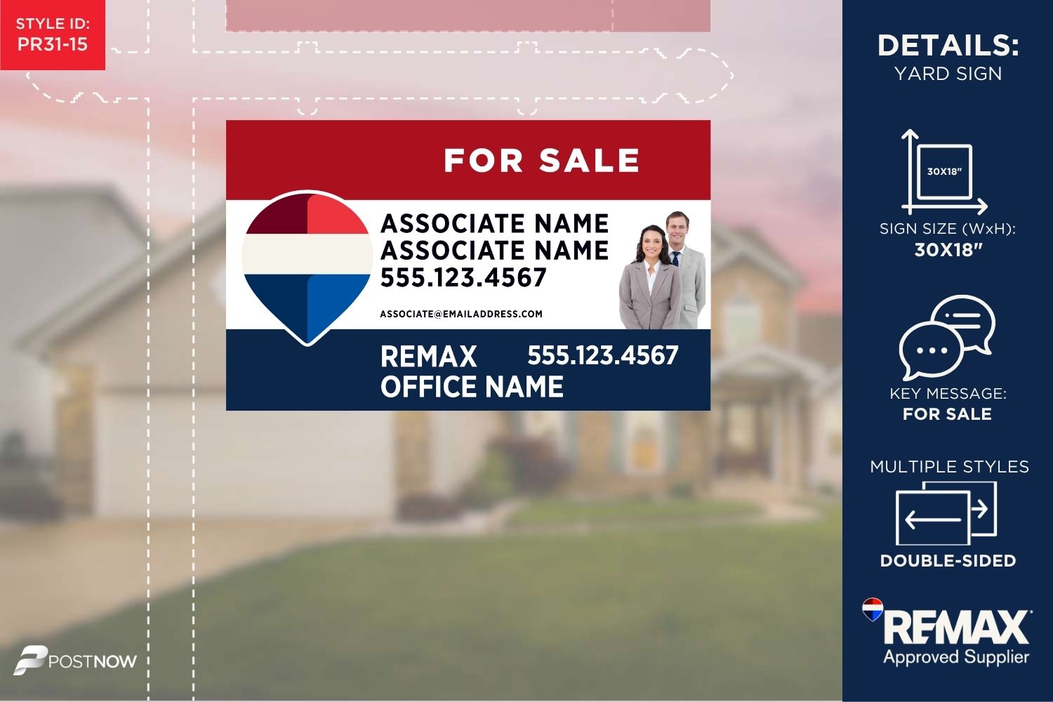 Remax 2025 For Sale Yard Sign, 30X18 Horizontal, Office Prominent Rwb Clipped Design.
