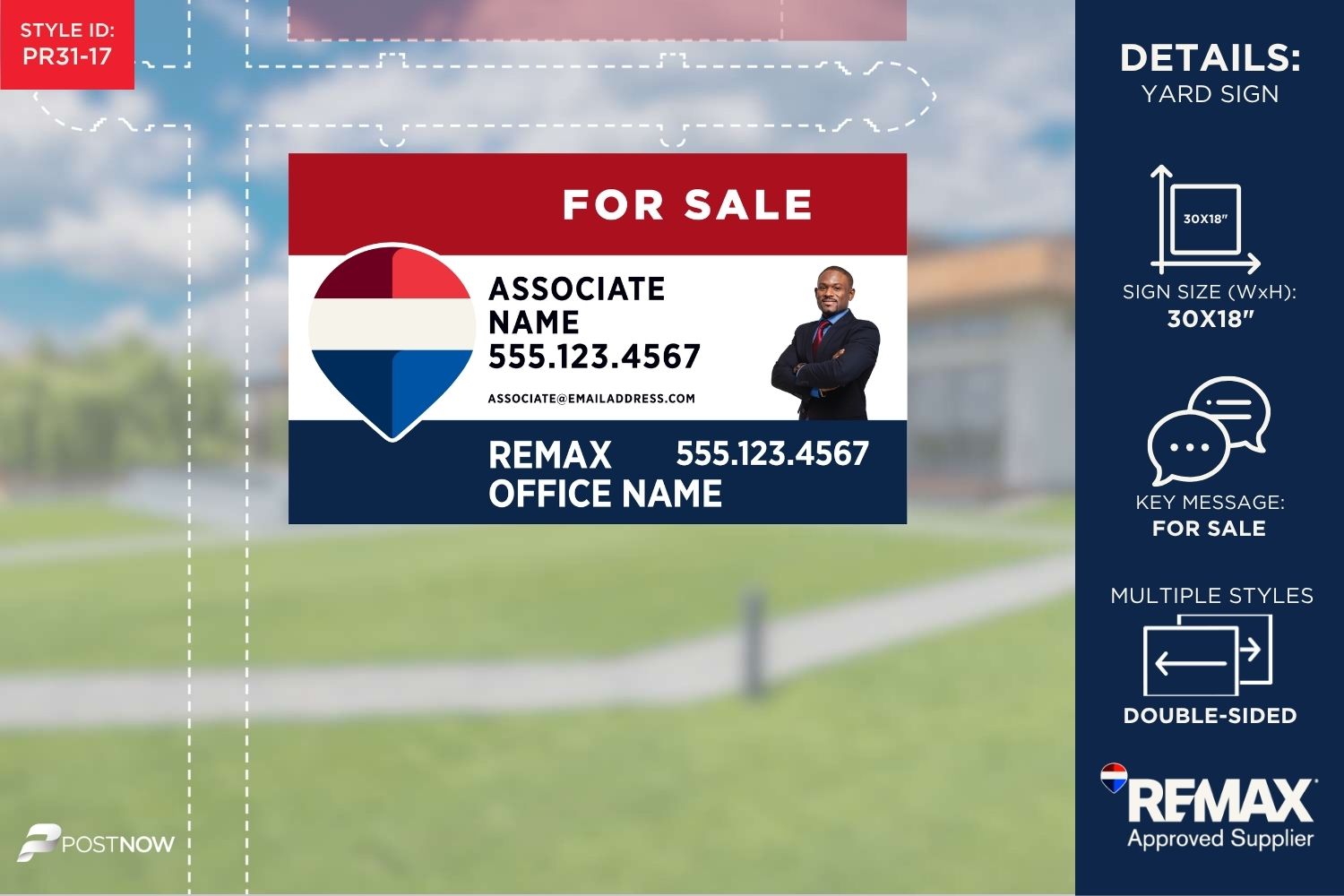 Remax 2025 For Sale Yard Sign, 30X18 Horizontal, Rwb Design With Office Prominent And Clipped Agent Photo (6X7.5).
