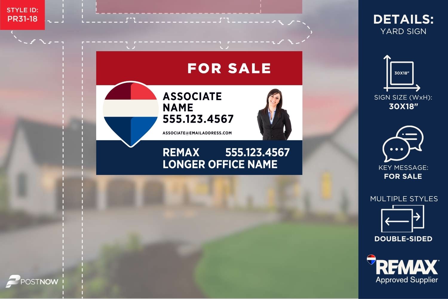 Remax 2025 For Sale Yard Sign, 30X18, Horizontal, Office Prominent, Rwb, Clipped Agent Photo, Longer Office Name, Pn-Pr31-18