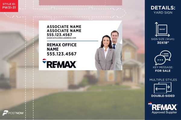 Remax For Sale Yard Sign, 30X18 Horizontal With Prominent Agent Photo And White Slash Design, Ideal For Real Estate Agents.