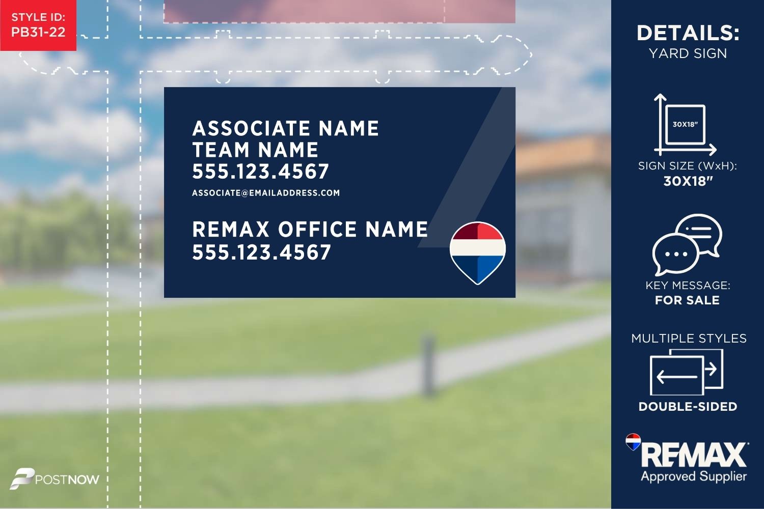 Remax 2025 For Sale Yard Sign, 30X18 Horizontal, Blue Slash Design For Office, Associate, Team Names.