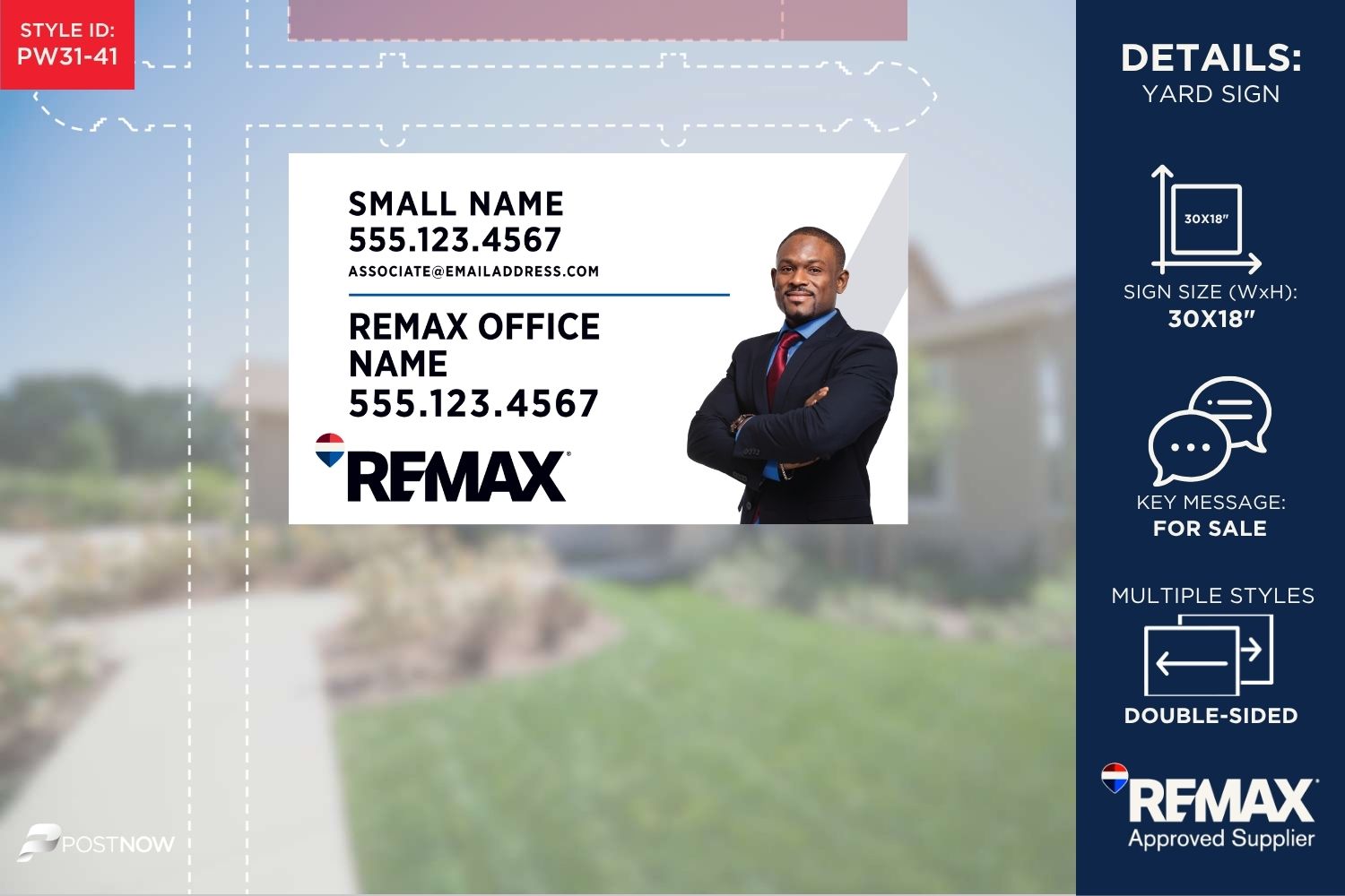 Remax For Sale Yard Sign, 30X18 Horizontal, White Design, Office Prominent, With Clipped Agent Photo.