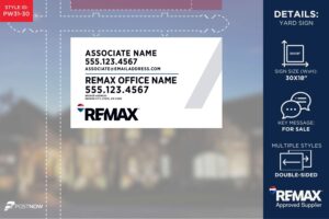 REMAX For Sale Yard Sign, 30x18, horizontal, white slash design, office prominent address.