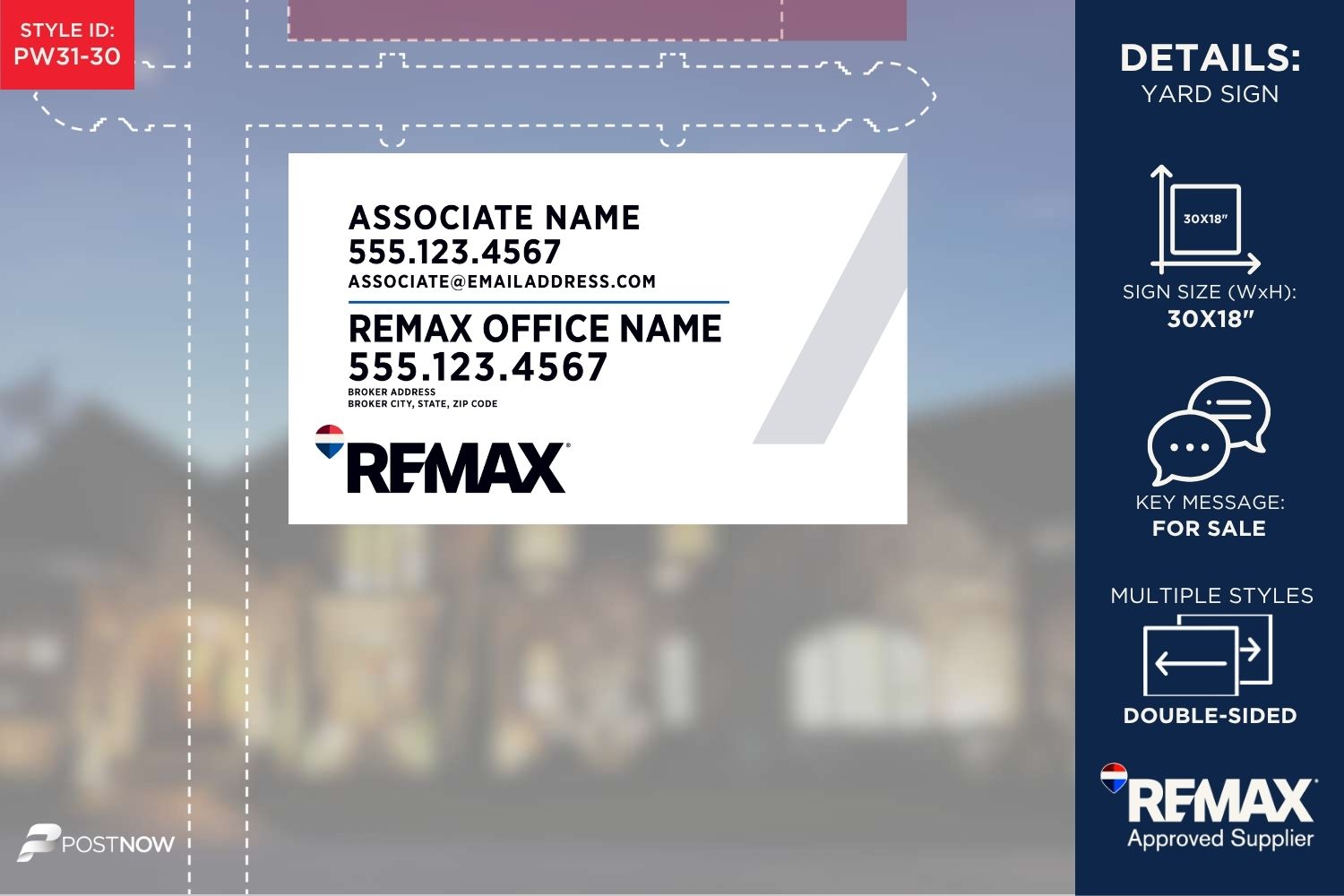 Remax For Sale Yard Sign, 30X18, Horizontal, White Slash Design, Office Prominent Address.