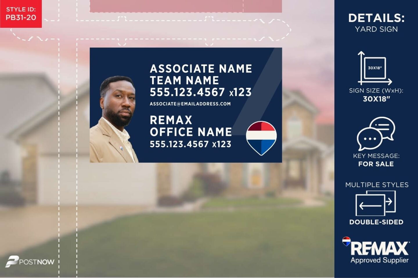 Remax For Sale Yard Sign, 30X18 Horizontal, With Office Prominent And Agent Photo.