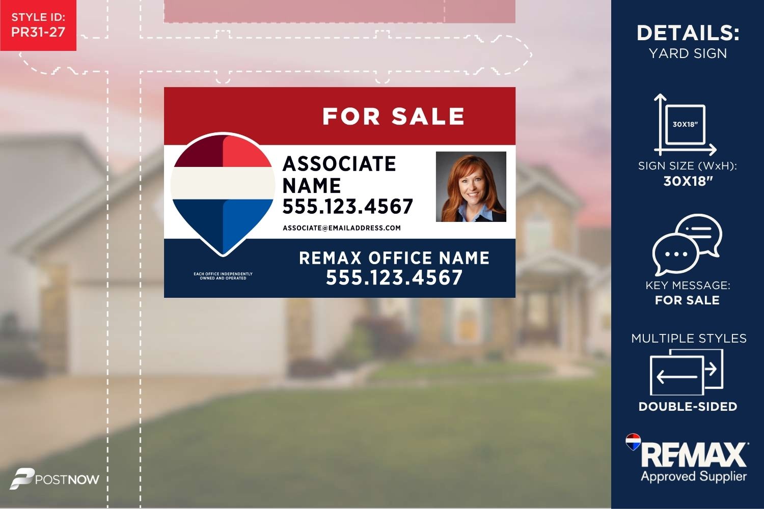 Remax For Sale Yard Sign, 30X18 Horizontal, Rwb Design With Agent Photo And 3 Lines Of Text.