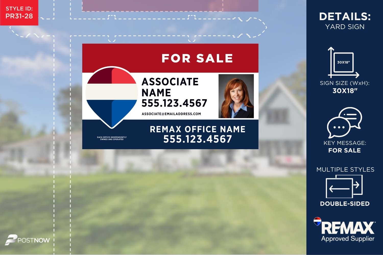 Remax For Sale Yard Sign, 30X18, Horizontal, Red White Blue (Rwb) Design With Agent Photo And 3 Lines Of Text.