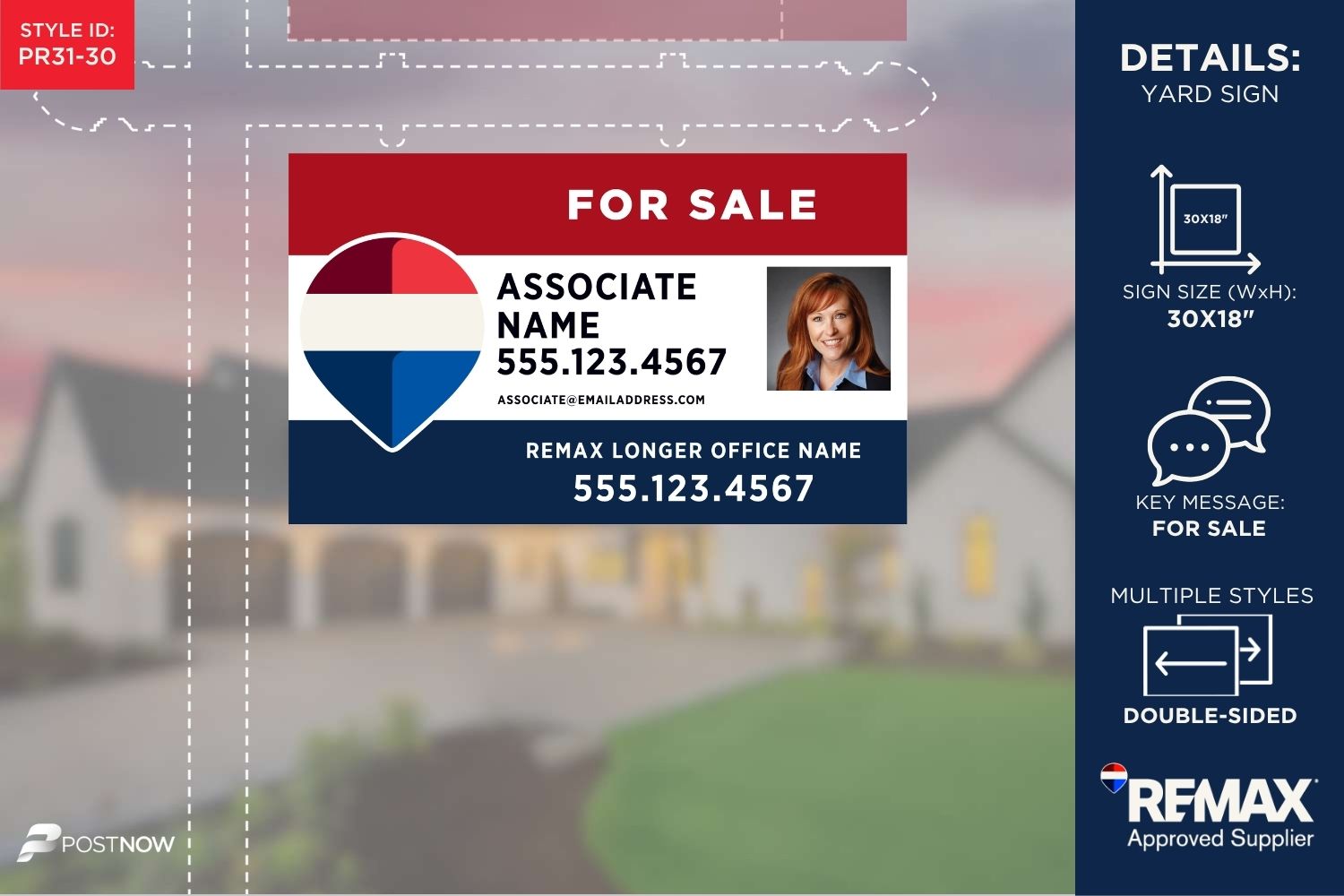 Remax 2025 For Sale Yard Sign, 30X18 Horizontal, Rwb Design With Agent Photo And 3-Line Office Name.