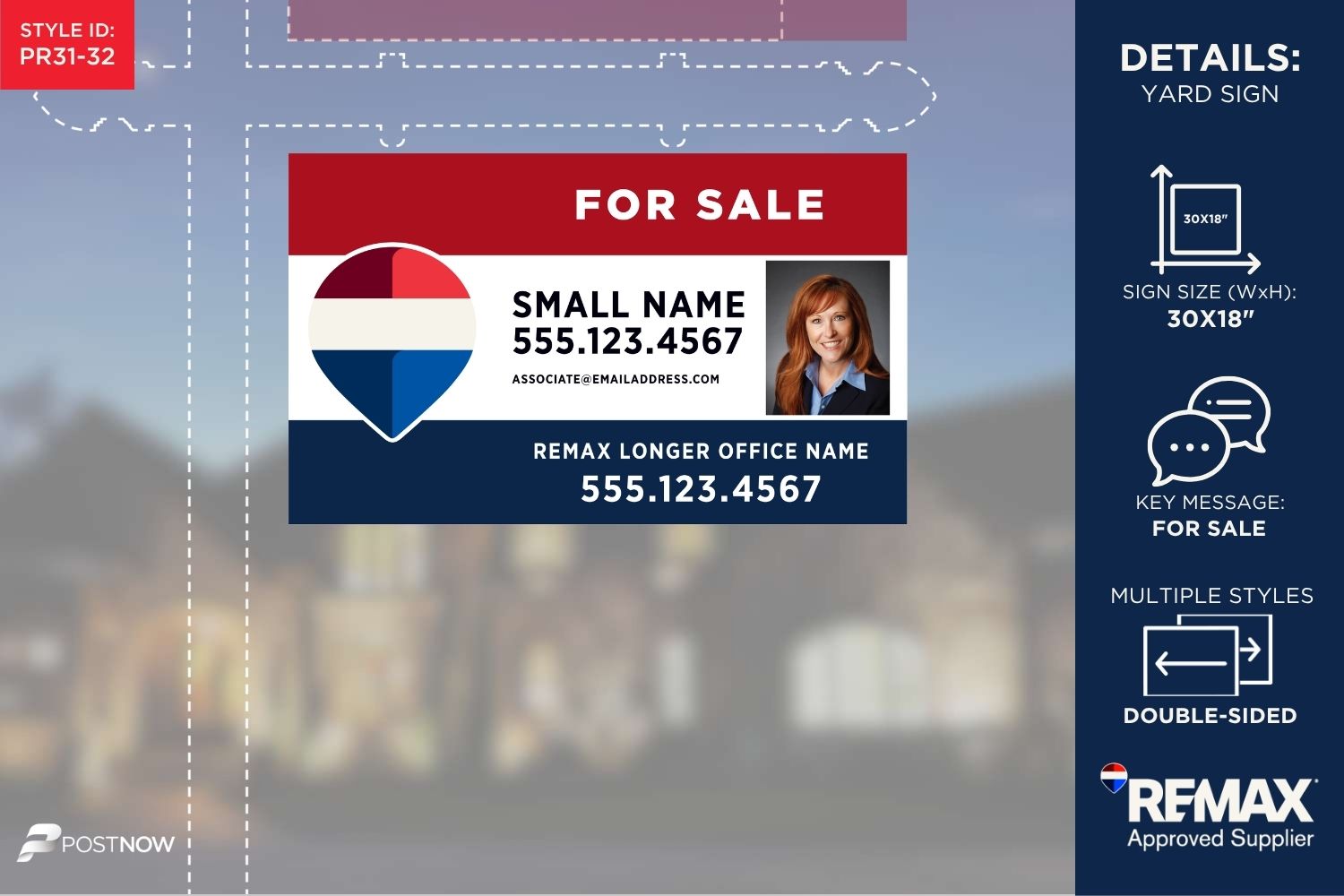 Remax 2025 Rwb 30X18 Horizontal Yard Sign With Agent Photo And Longer Office Name, For Real Estate Agents.