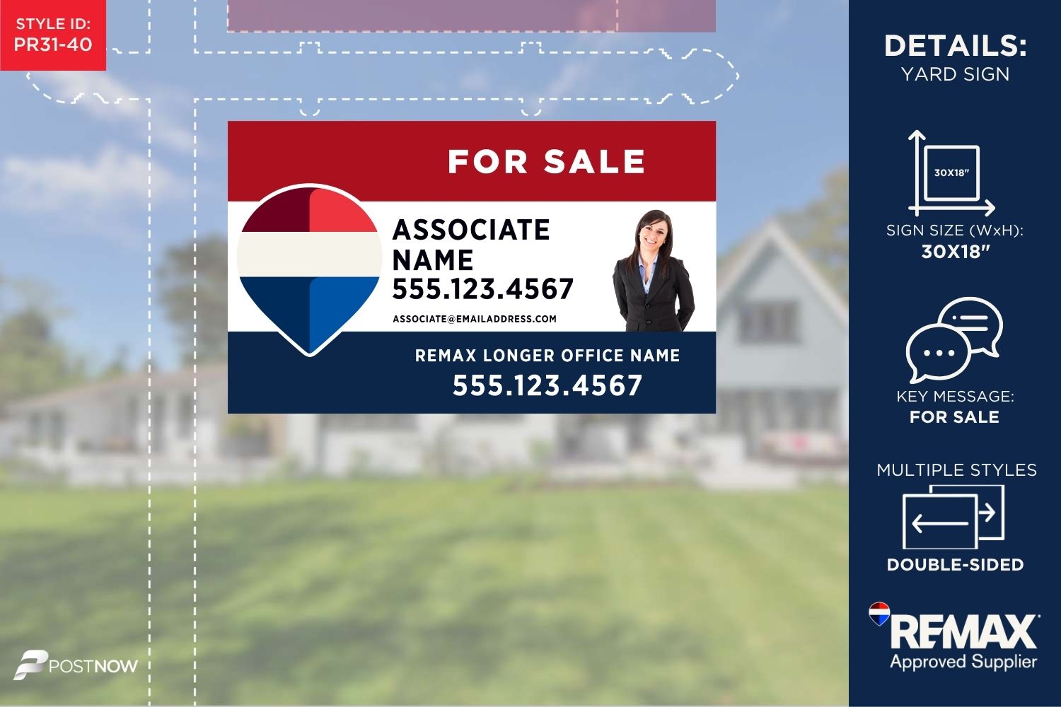 Remax For Sale Yard Sign - 30X18 Horizontal, Rwb Design With Clipped Agent Photo And Longer Office Name, Pn-Pr31-40.